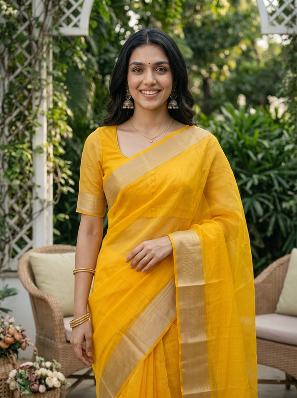 Organza Yellow Plain Saree with Copper Zari Striped Border