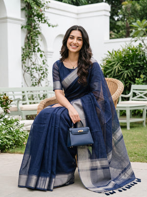 Organza Navy Blue Copper  Striped Border Saree with Tassels