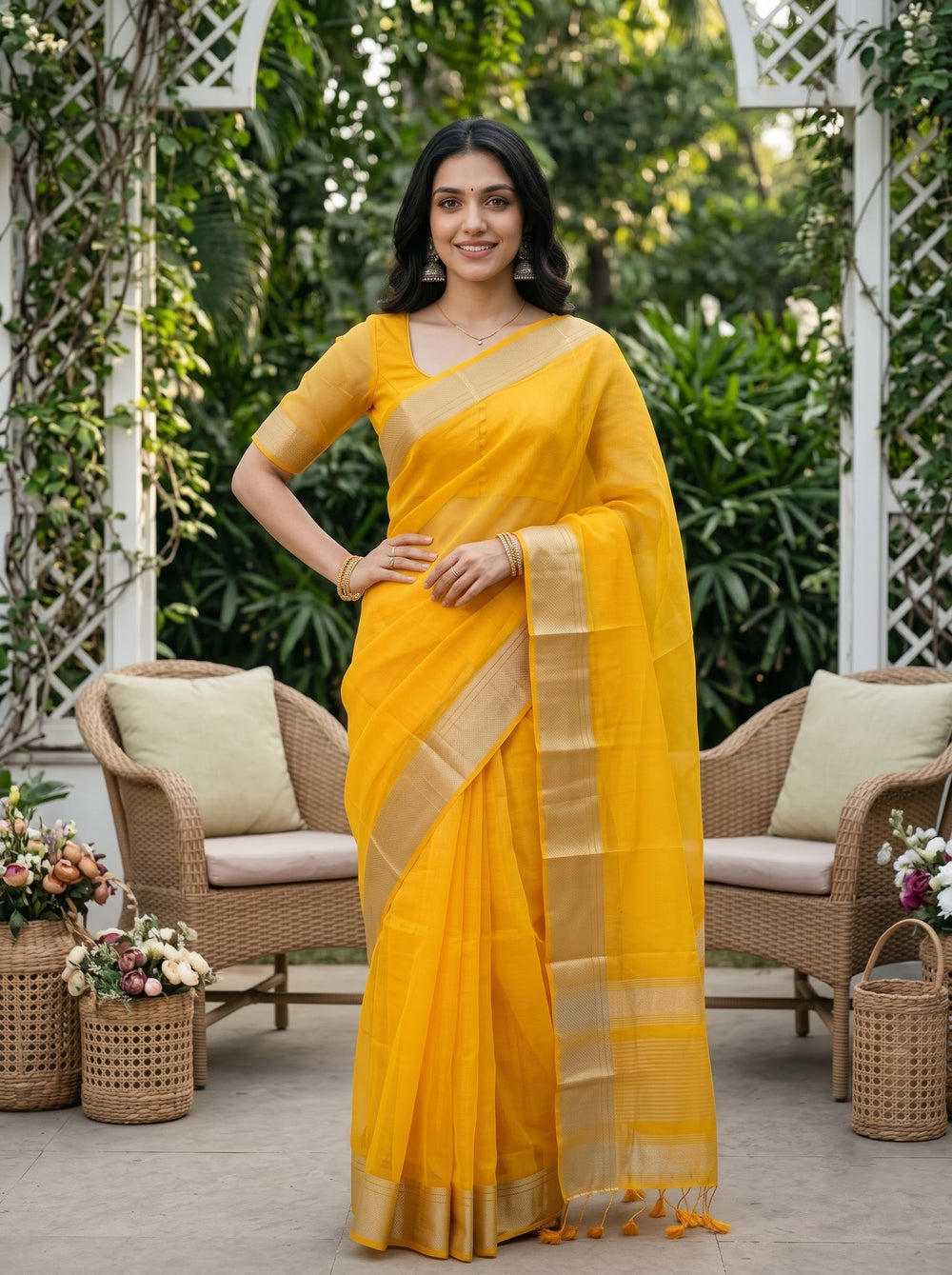 Organza Yellow Plain Saree with Copper Zari Striped Border
