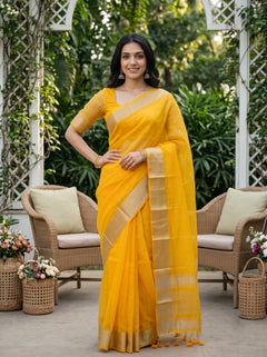 Organza Yellow Plain Saree with Copper Zari Striped Border