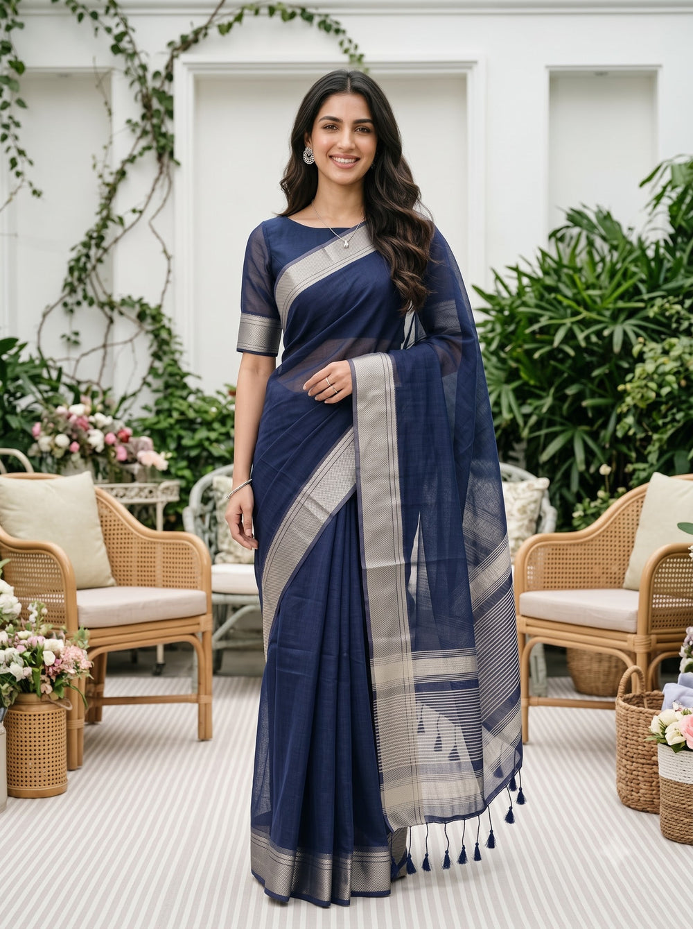 Organza Navy Blue Copper  Striped Border Saree with Tassels