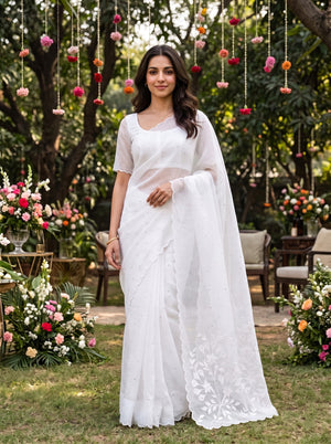 Linen White Saree with Floral Spray Embroidered Pallu and Mirror Work