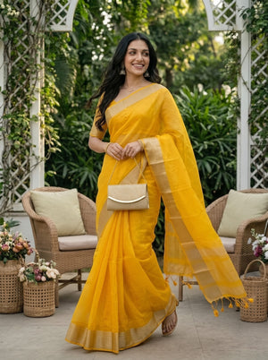 Organza Yellow Plain Saree with Copper Zari Striped Border