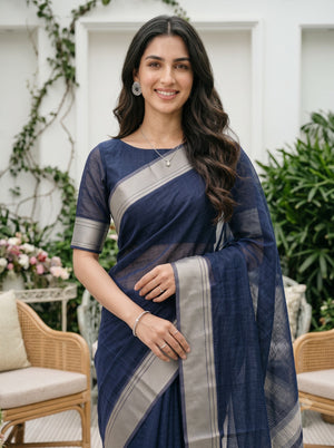 Organza Navy Blue Copper  Striped Border Saree with Tassels