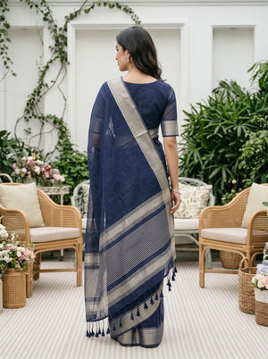 Organza Navy Blue Copper  Striped Border Saree with Tassels