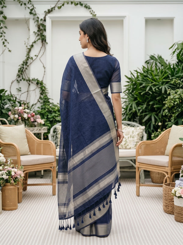 Organza Navy Blue Copper  Striped Border Saree with Tassels