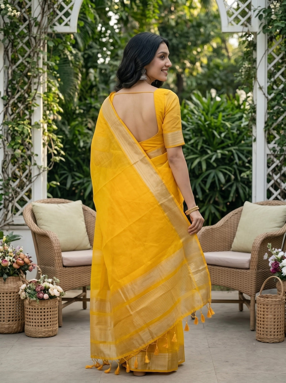 Organza Yellow Plain Saree with Copper Zari Striped Border