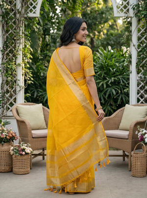 Organza Yellow Plain Saree with Copper Zari Striped Border
