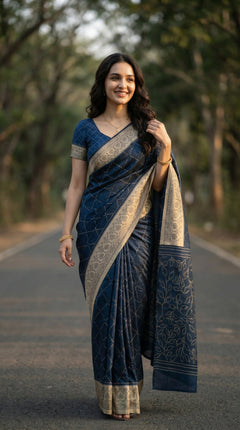 Woman in a blue saree standing on a road with trees in the background