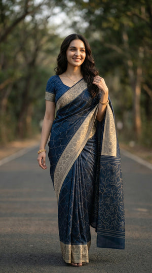 Woman in a blue saree standing on a road with trees in the background