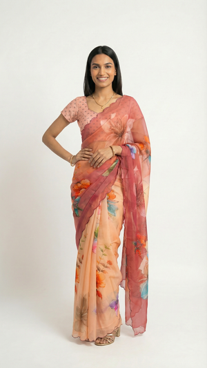 Chiffon Peach Pink Ombre Floral Printed Designer Saree