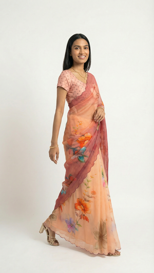 Chiffon Peach Pink Ombre Floral Printed Designer Saree
