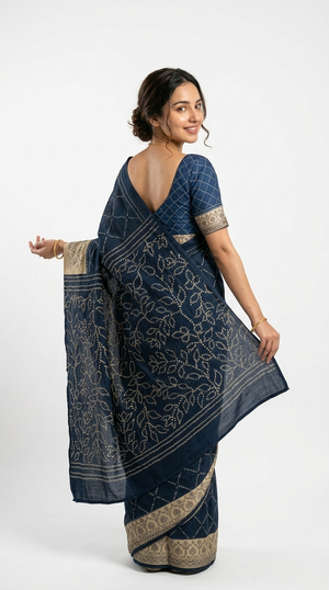 Cotton Dark Blue Bandhani Style Printed Saree