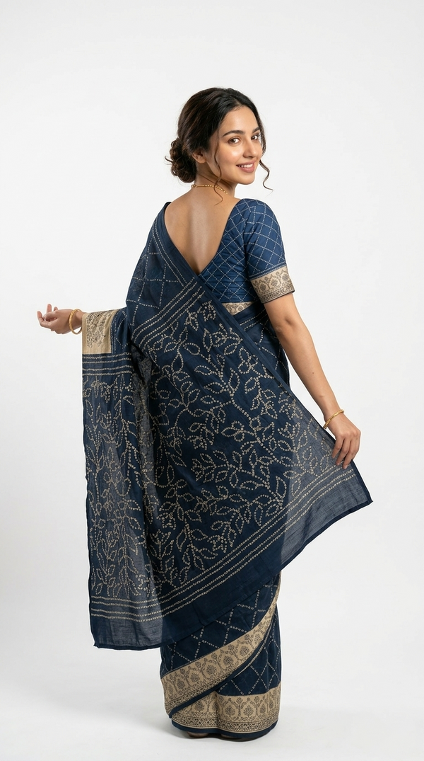 Cotton Dark Blue Bandhani Style Printed Saree