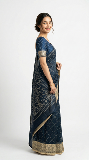 Cotton Dark Blue Bandhani Style Printed Saree
