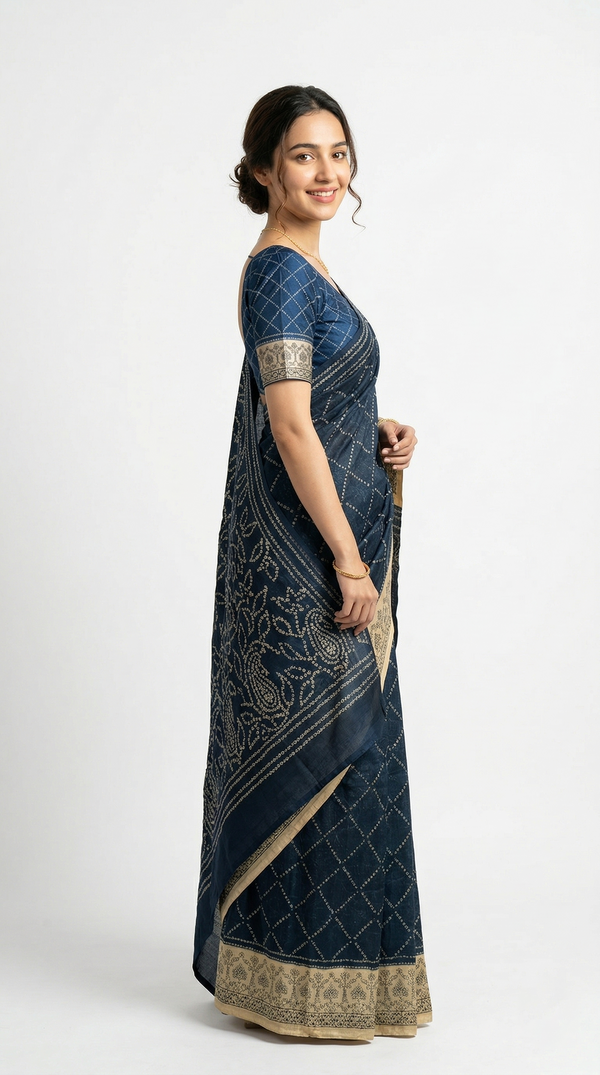 Cotton Dark Blue Bandhani Style Printed Saree