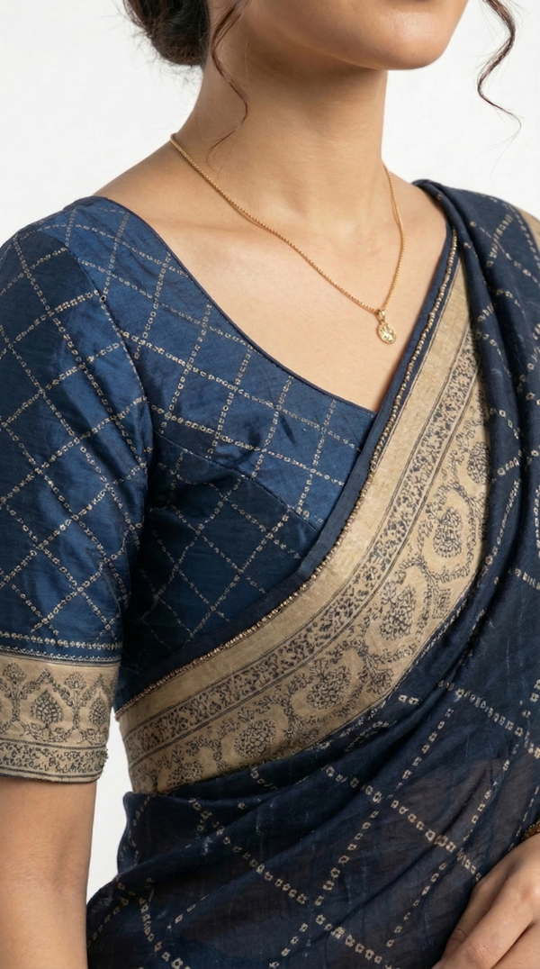 Cotton Dark Blue Bandhani Style Printed Saree