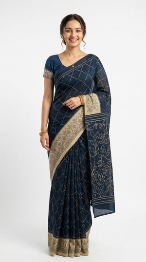 Cotton Dark Blue Bandhani Style Printed Saree