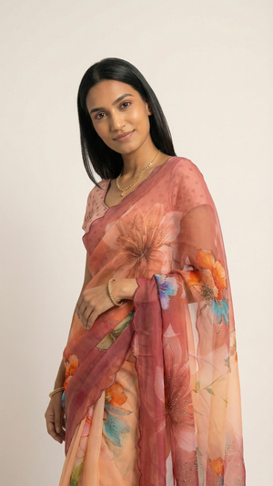 Chiffon Peach Pink Ombre Floral Printed Designer Saree
