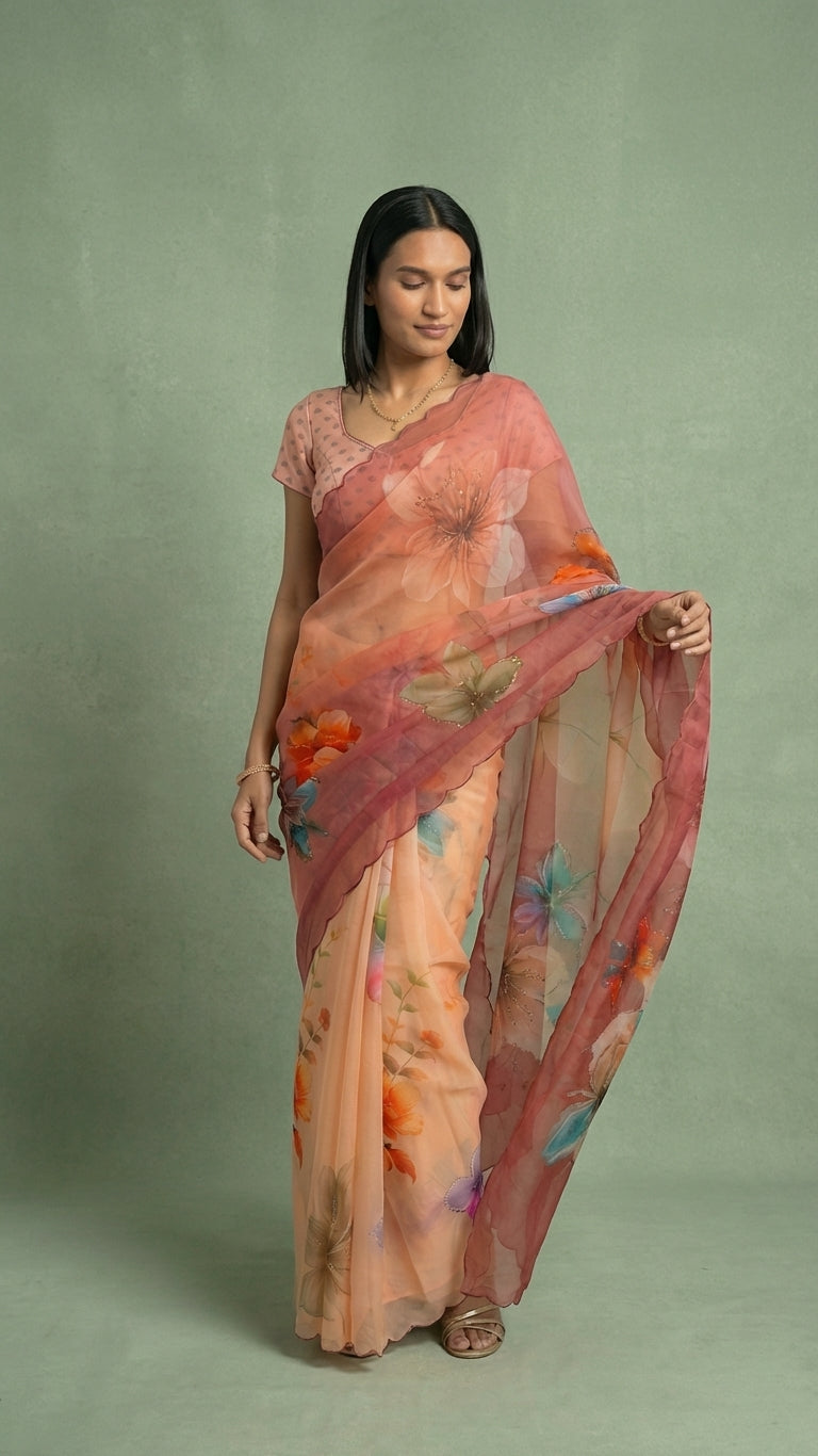 Woman wearing a floral saree with a green background