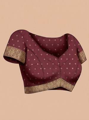 Semi Silk Peach & Maroon Zari Butta Saree with Contrast Border