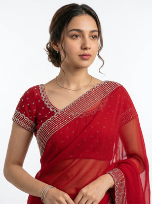 Chiffon Classic Red Minimal Small Stone  Border Designer Saree