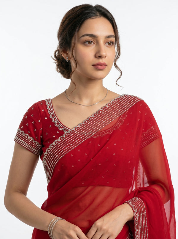 Chiffon Classic Red Minimal Small Stone  Border Designer Saree