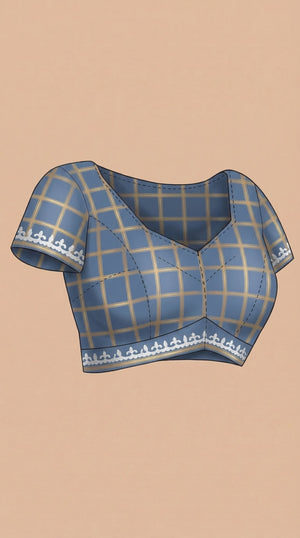 Cotton Blue Checkered Printed Saree