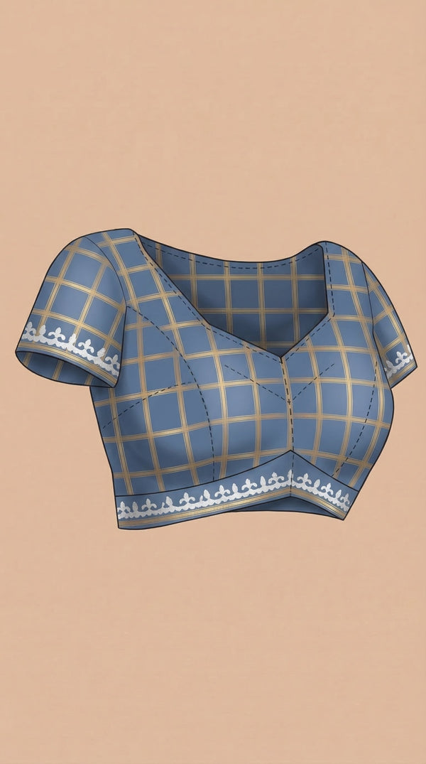 Cotton Blue Checkered Printed Saree