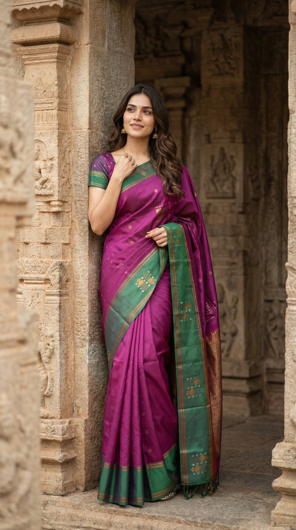 Woman in a purple and green saree standing in front of an ancient temple.