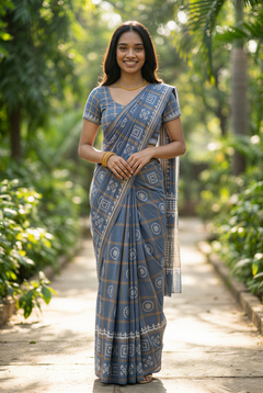 Woman in a blue saree standing in a garden