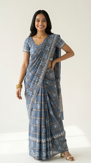 Cotton Blue Checkered Printed Saree