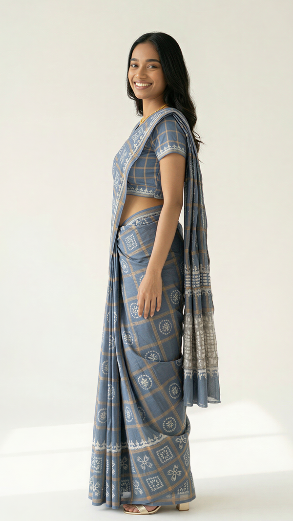 Cotton Blue Checkered Printed Saree