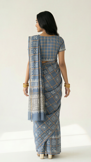 Cotton Blue Checkered Printed Saree
