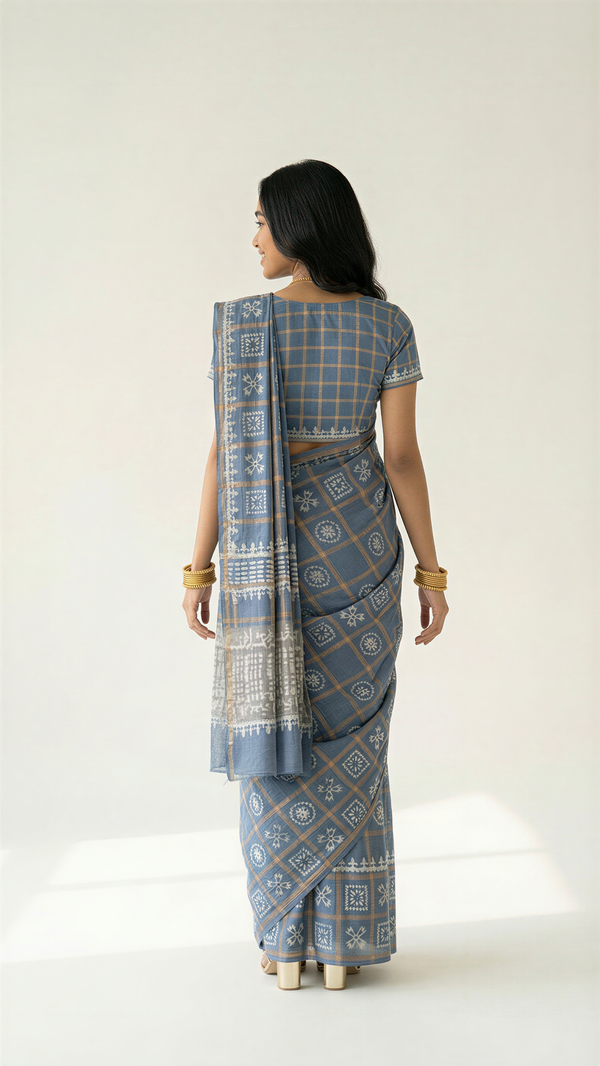 Cotton Blue Checkered Printed Saree