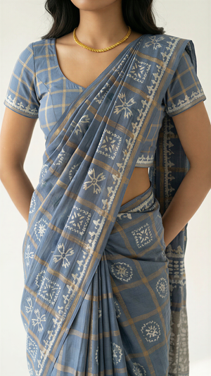 Cotton Blue Checkered Printed Saree