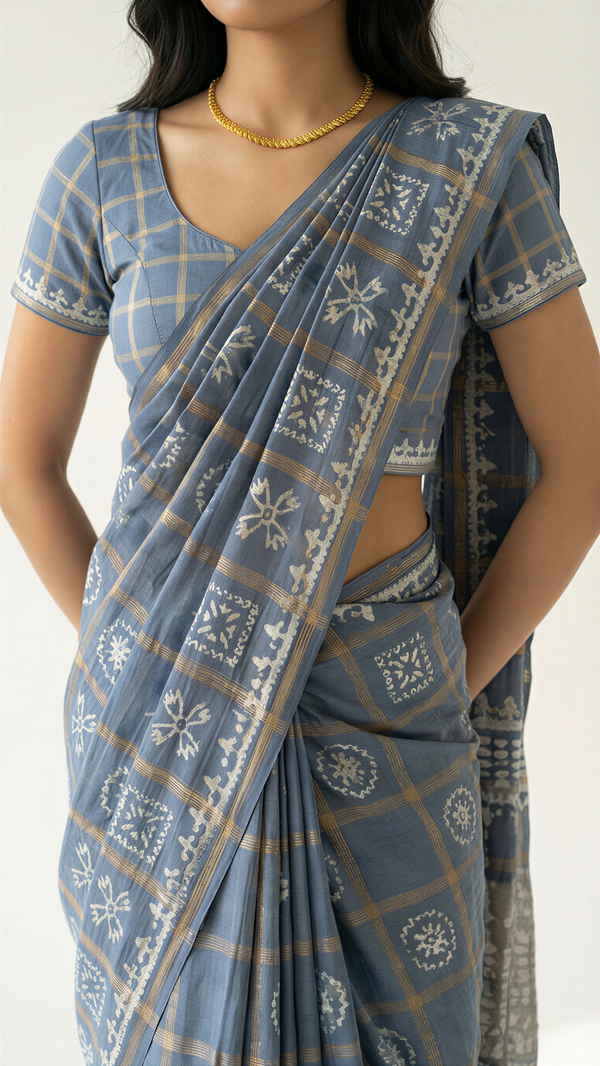 Cotton Blue Checkered Printed Saree