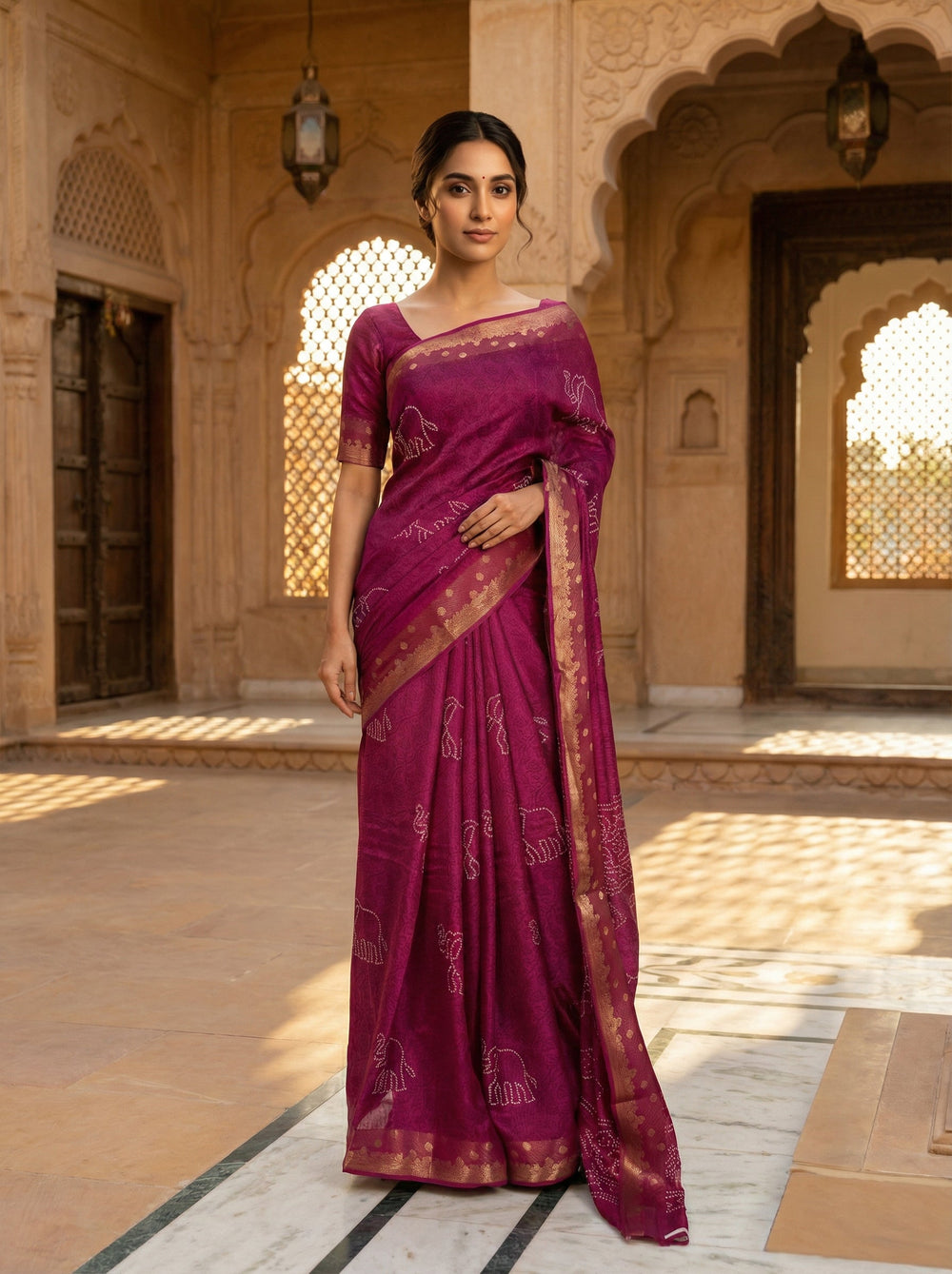 Semi Silk Saree with Antique Gold Banarasi Border