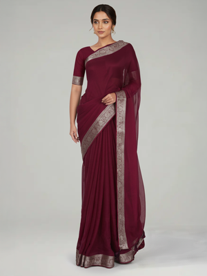 Wine Purple Plain Georgette Saree with Contrast Zari Border and Butta Blouse