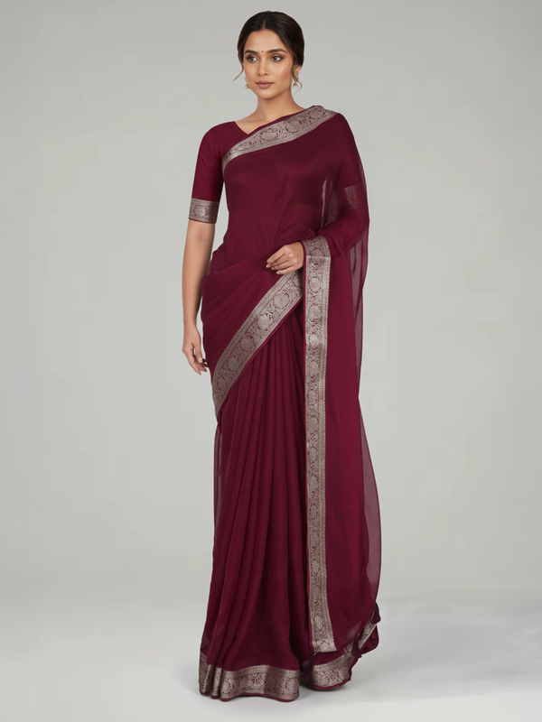 Wine Purple Plain Georgette Saree with Contrast Zari Border and Butta Blouse
