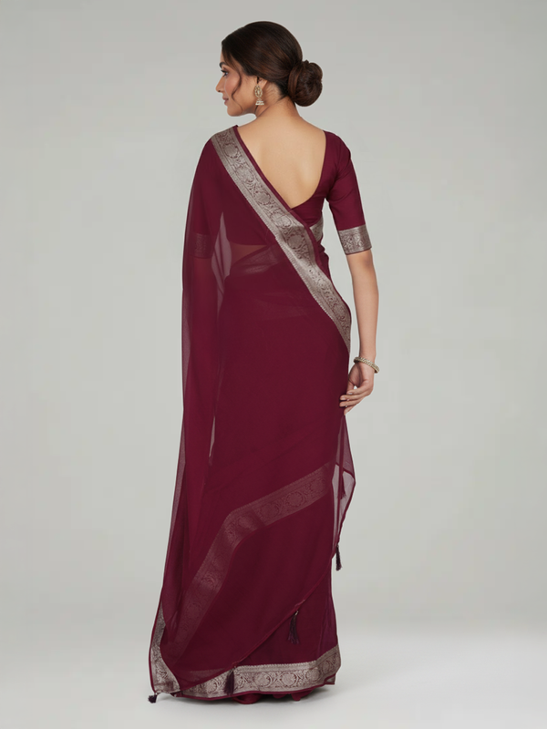 Wine Purple Plain Georgette Saree with Contrast Zari Border and Butta Blouse