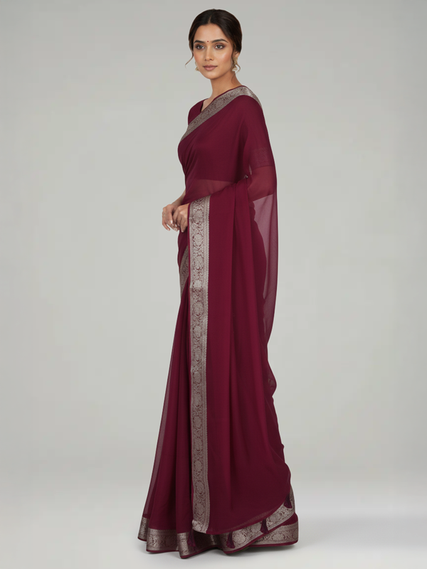 Wine Purple Plain Georgette Saree with Contrast Zari Border and Butta Blouse