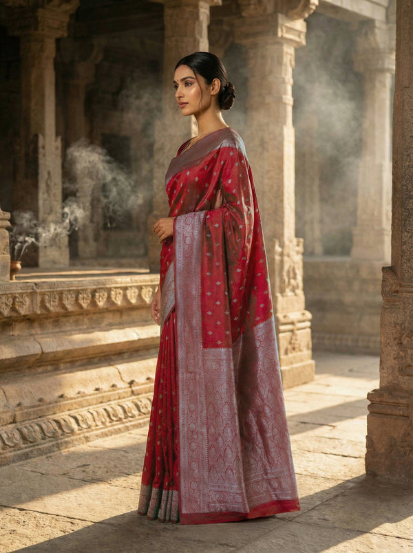 Semi Silk Saree in Maroon with Antique Silver Zari – Butta Body, Banarasi Pallu