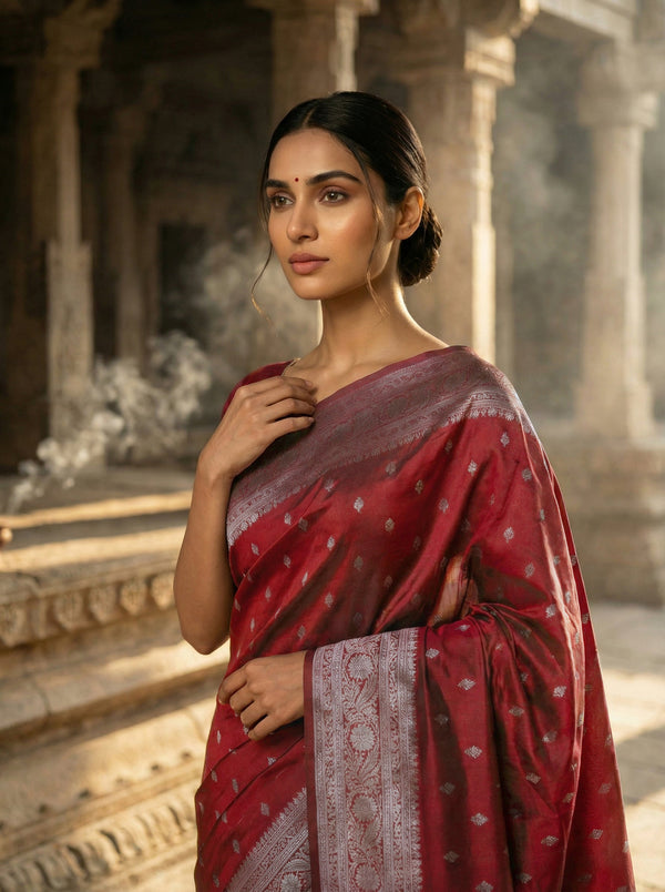 Semi Silk Saree in Maroon with Antique Silver Zari – Butta Body, Banarasi Pallu