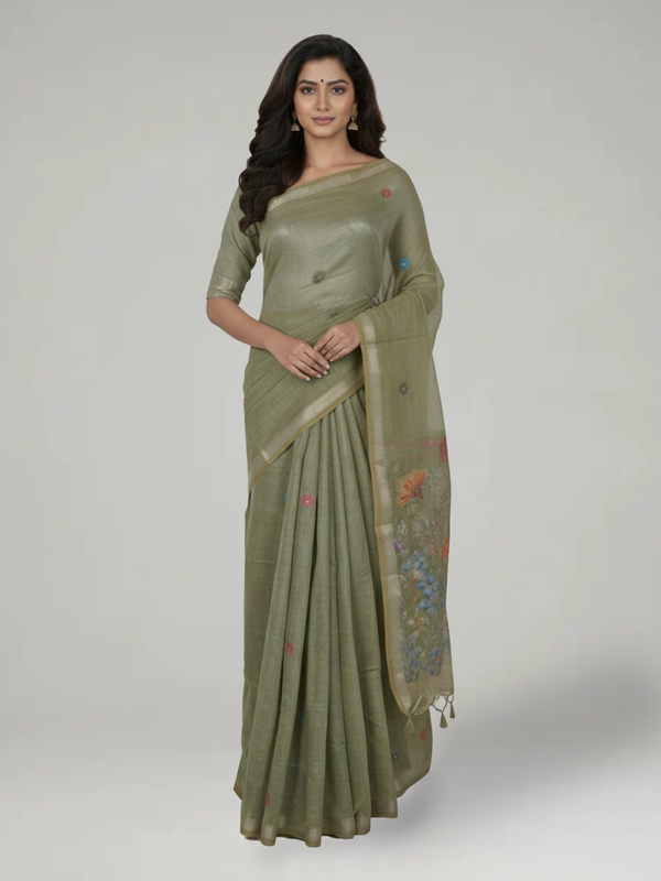 Sage Green Semi Chanderi Saree with Floral Pattern Body, Floral Pattern Pallu & Plain Border – Paired with Sage Green Printed Blouse