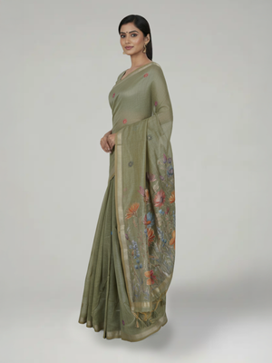 Sage Green Semi Chanderi Saree with Floral Pattern Body, Floral Pattern Pallu & Plain Border – Paired with Sage Green Printed Blouse