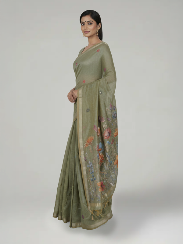 Sage Green Semi Chanderi Saree with Floral Pattern Body, Floral Pattern Pallu & Plain Border – Paired with Sage Green Printed Blouse