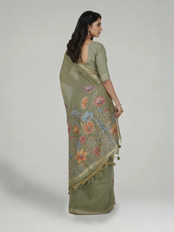 Sage Green Semi Chanderi Saree with Floral Pattern Body, Floral Pattern Pallu & Plain Border – Paired with Sage Green Printed Blouse