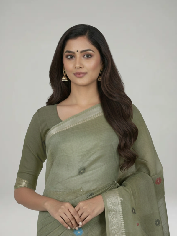 Sage Green Semi Chanderi Saree with Floral Pattern Body, Floral Pattern Pallu & Plain Border – Paired with Sage Green Printed Blouse