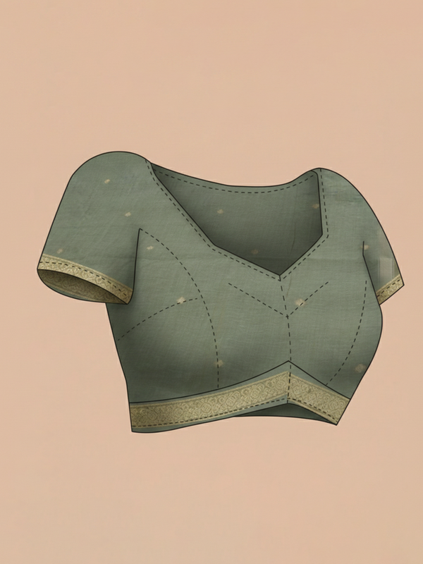 Sage Green Semi Chanderi Saree with Floral Pattern Body, Floral Pattern Pallu & Plain Border – Paired with Sage Green Printed Blouse